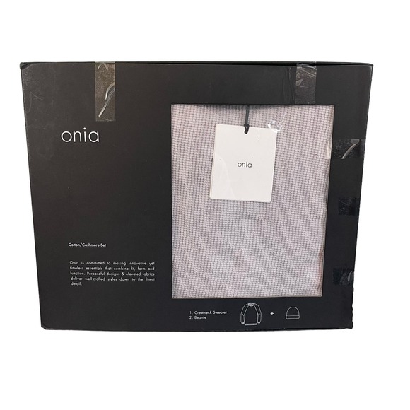 ONIA Beanie & Sweater Adult M Waffle Cotton Cashmere Boxset Heather Gray NEW - Picture 1 of 10